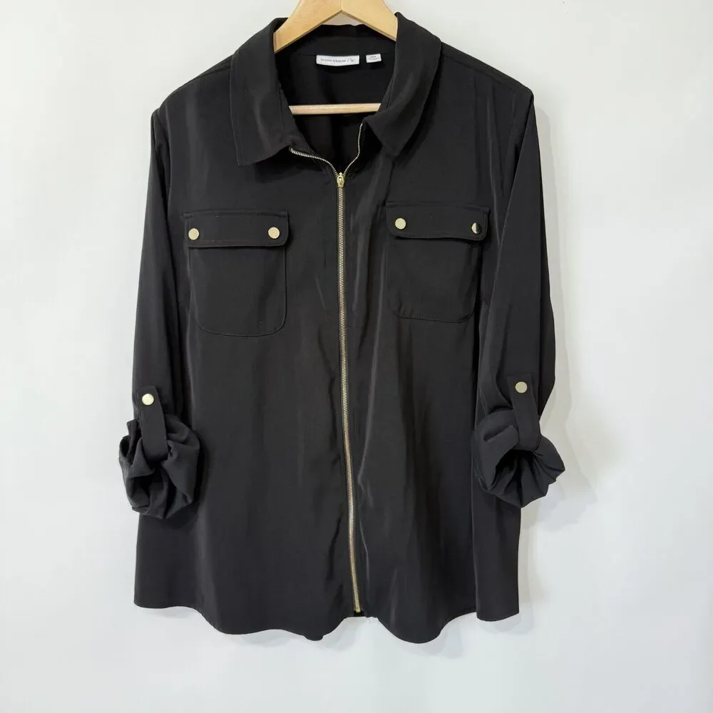 Susan Graver Jacket Size‎ 20W Black Zip Up Lightweight Roll Tab Sleeves